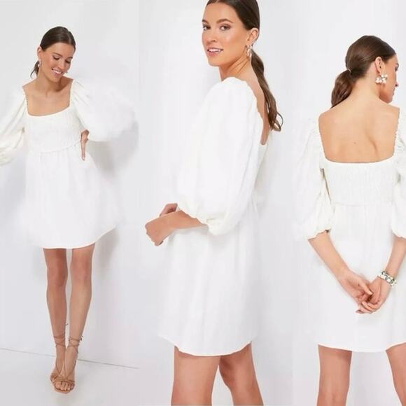 Tuckernuck Dress Puff Sleeve Linen Annie Smocked Mini White Women's Size Large - Picture 1 of 10
